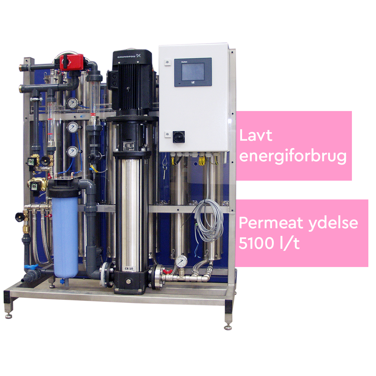 Energieffektivt omvendt osmoseanlæg med høj ydeevne og en permeat ydelse på 5100 l/t