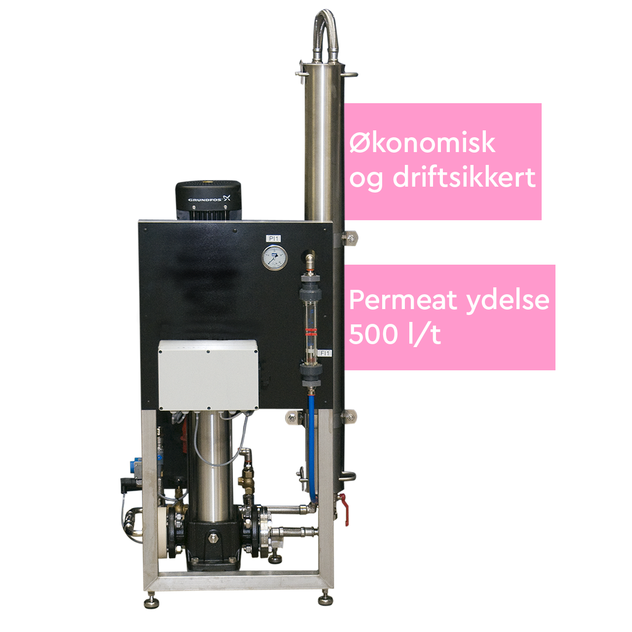 Økonomisk og driftsikkert omvendt osmoseanlæg med en permeat ydelse på 500 l/t