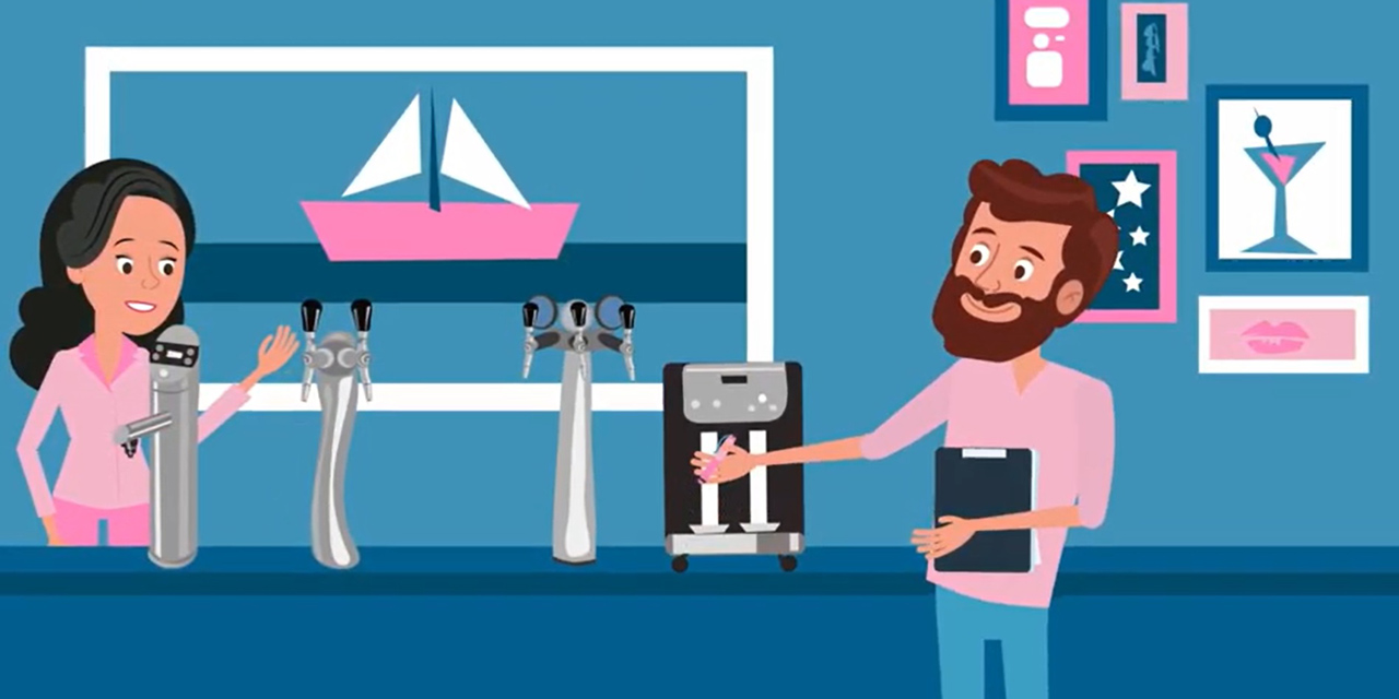 Mann und Frau sehen sich zusammen die BWT WasserBar an.