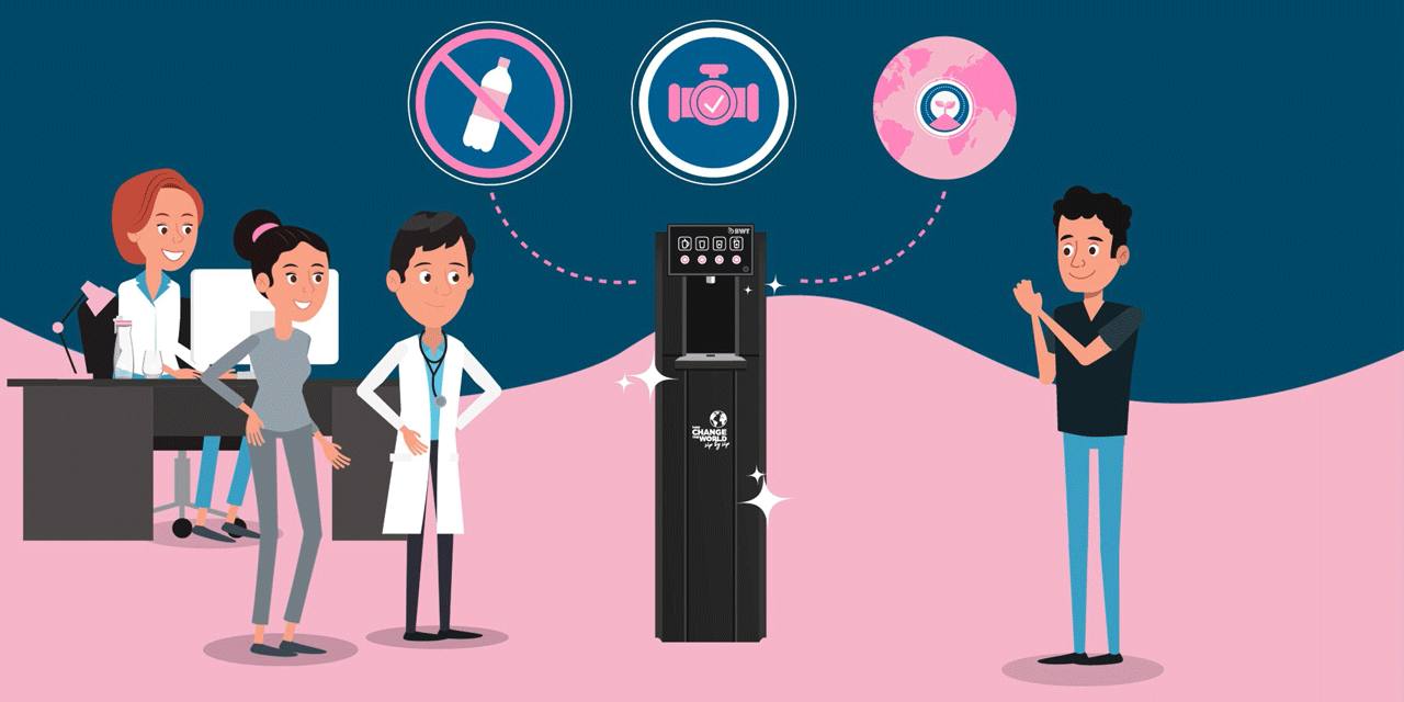 Erklärvideo: Gruppe steht neben Wasserspender.