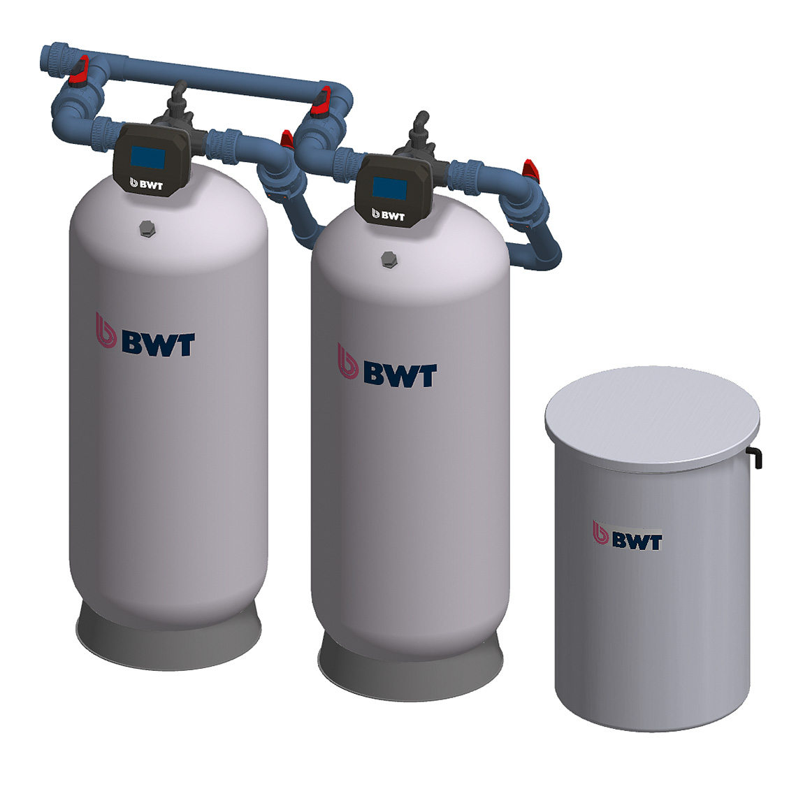 BWT Enthärtungsanlage mit zwei Druckbehältern und Steuerköpfen sowie separatem Solebehälter zur Wasserenthärtung.