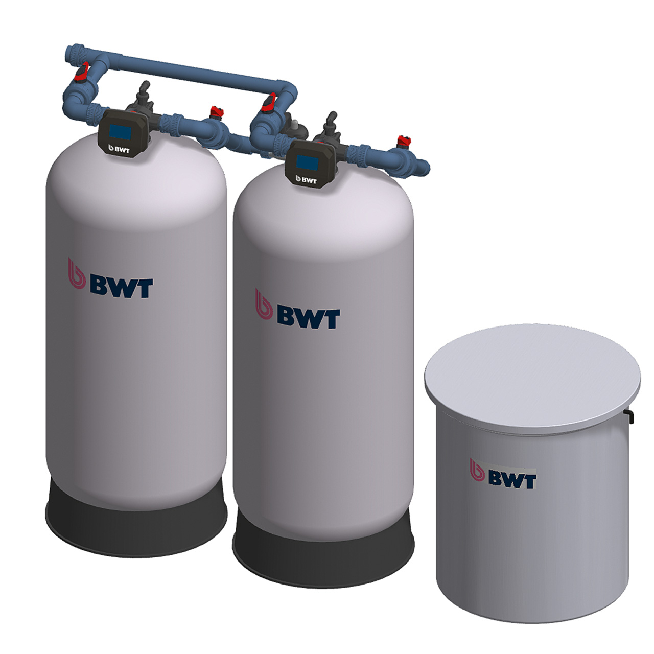 BWT Enthärtungsanlage mit zwei Druckbehältern und Steuerköpfen sowie separatem Solebehälter zur Wasserenthärtung.