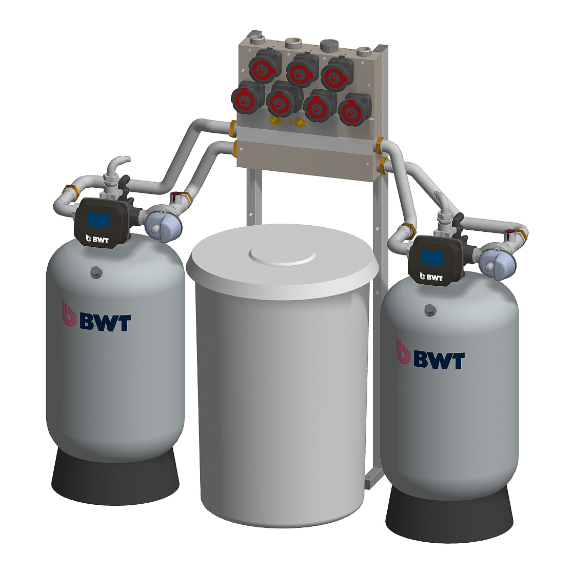 BWT Enthärtungsanlage mit zwei Druckbehältern und Steuerköpfen sowie separatem Solebehälter zur Wasserenthärtung.