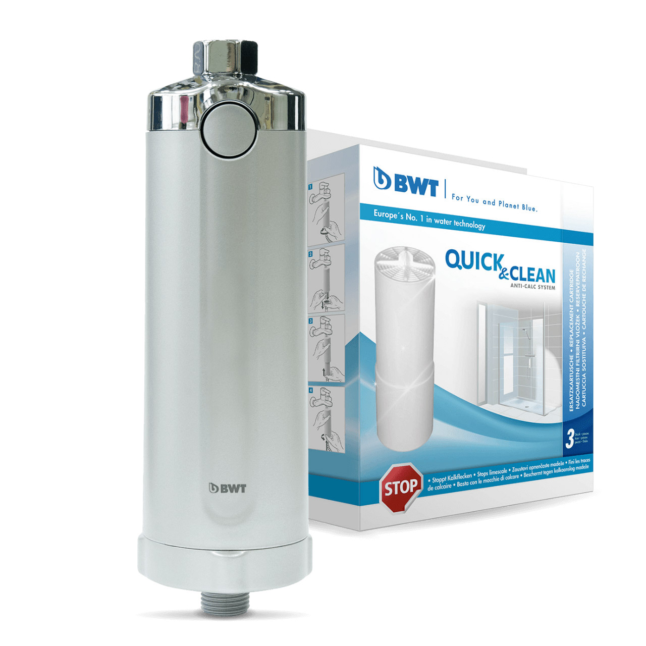 Graues Entkalkungsgerät für die Dusche inklusive Verpackung. 