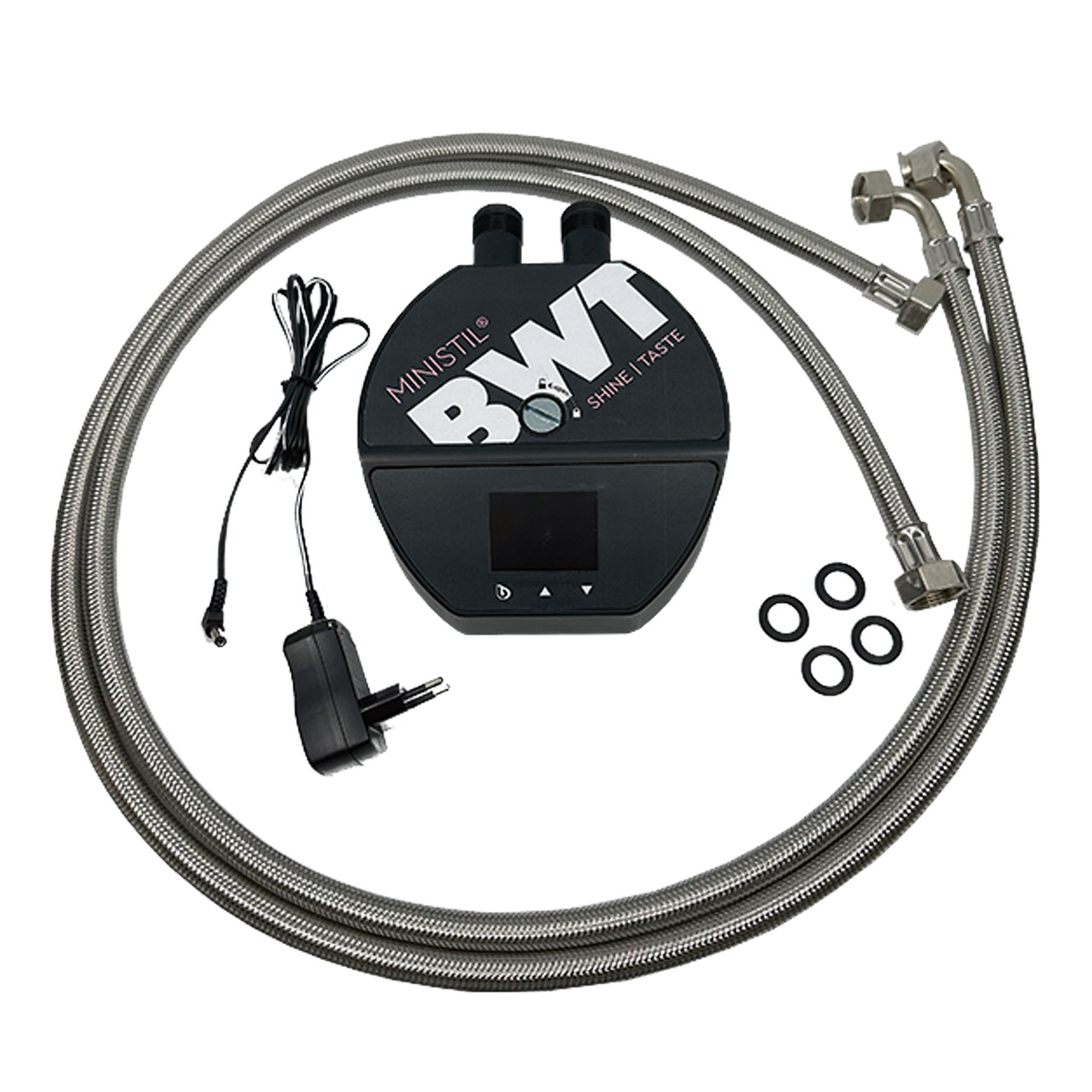 MINISTIL Anschlusskopf TE‑Serie mit komplettem Zubehörset, inklusive Netzteil, Edelstahl‑Schläuchen und Dichtungsringen.