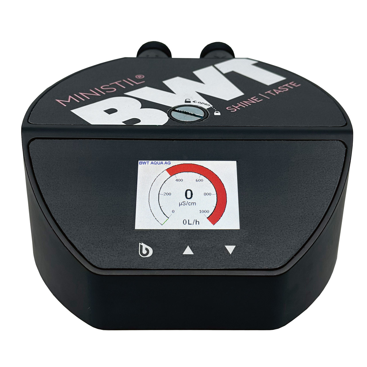 MINISTIL Anschlusskopf TE‑Serie in Frontansicht mit Digitalanzeige zur Leitwert‑ und Durchflussüberwachung