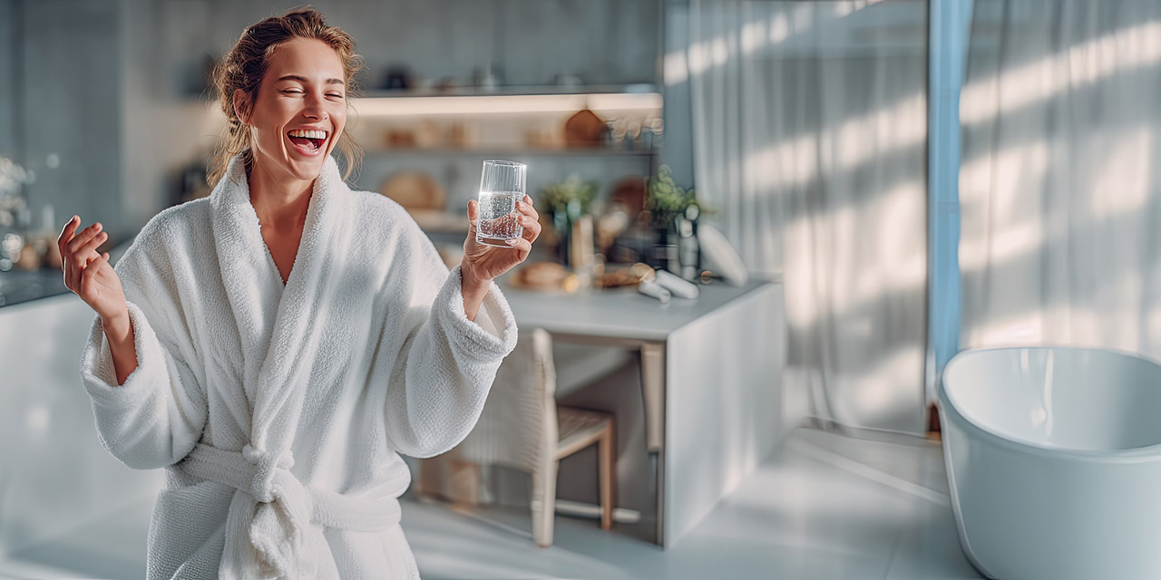Eine Frau hält ein Glas Wasser und trägt einen Bademantel. Im Hintergrund sieht man eine Küche und eine Badewanne - das soll OnePipe Pearlwater von BWT symbolisieren. 