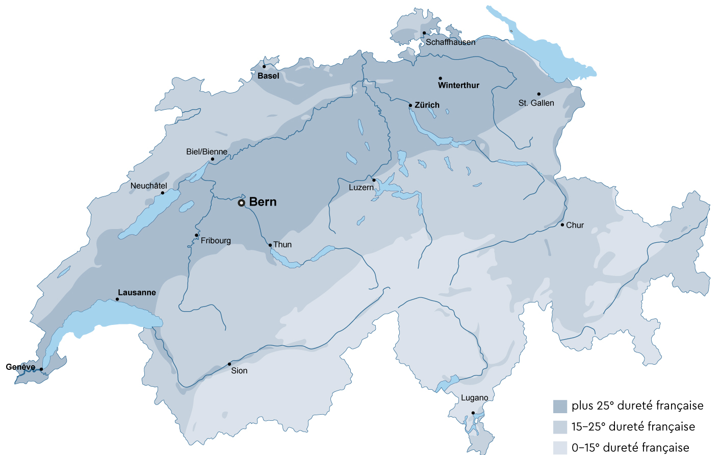 Carte de la dureté de l'eau en Suisse