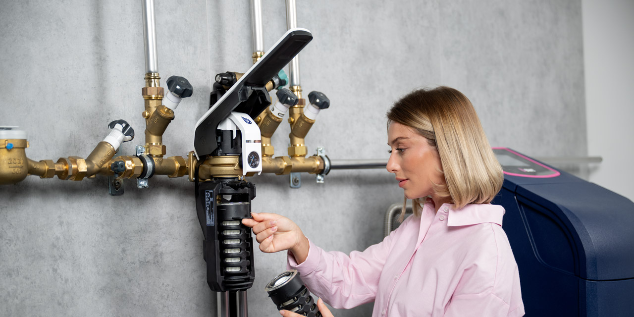Une femme change le filtre d’un filtre à levier unique BWT E1.