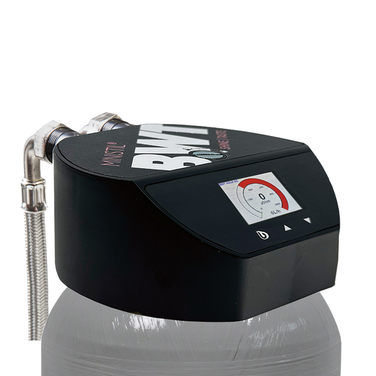 Tête de raccord MINISTIL série TE montée latéralement sur une cartouche de déminéralisation partielle, avec affichage et tuyaux de raccordement en acier inoxydable