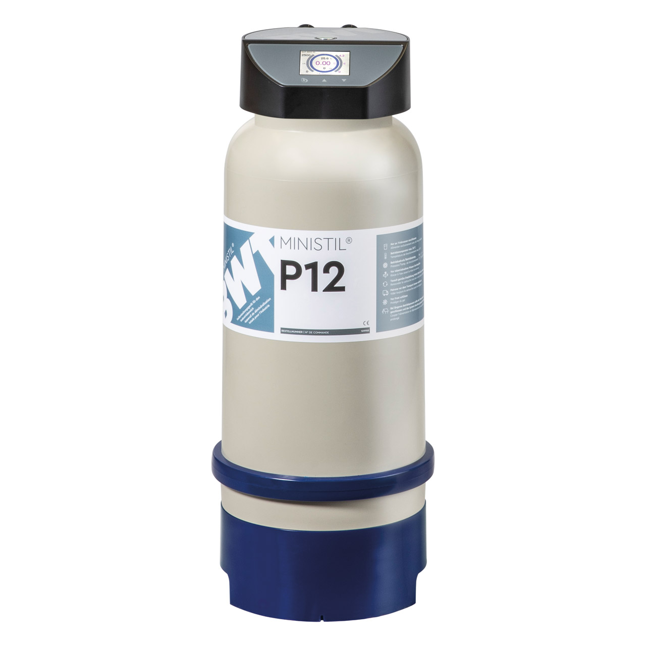 Cartouche de déminéralisation complète BWT Ministil P12, blanche et bleue, avec tête de mesure et de raccordement intégrée