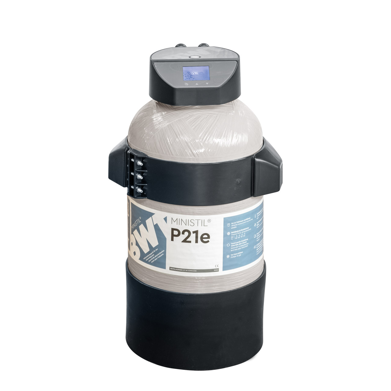 Cartouche de déminéralisation complète BWT MINISTIL, avec une tête de mesure et de raccordement intégrée.