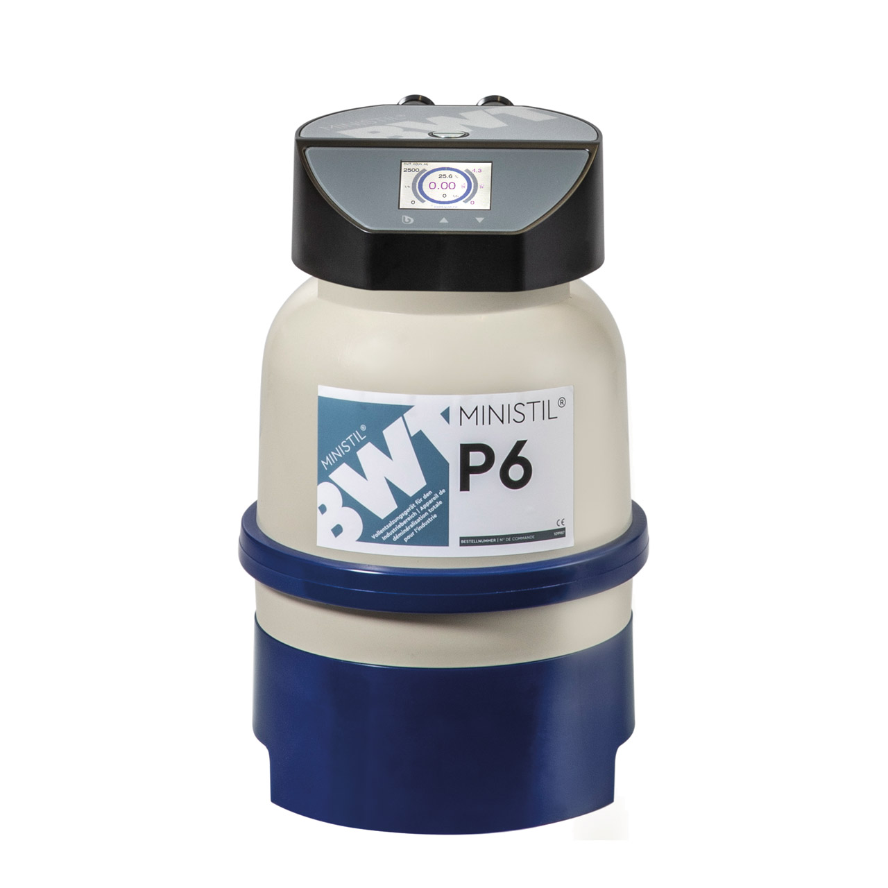 Cartouche de déminéralisation complète BWT Ministil P6, blanche et bleue, avec tête de mesure et de raccordement intégrée