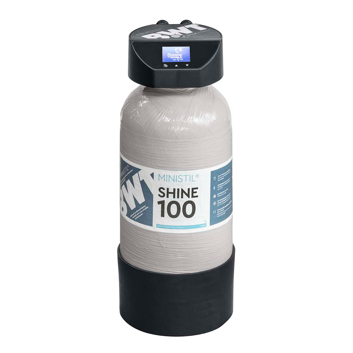 Cartouche grise avec étiquette bleue et blanche.