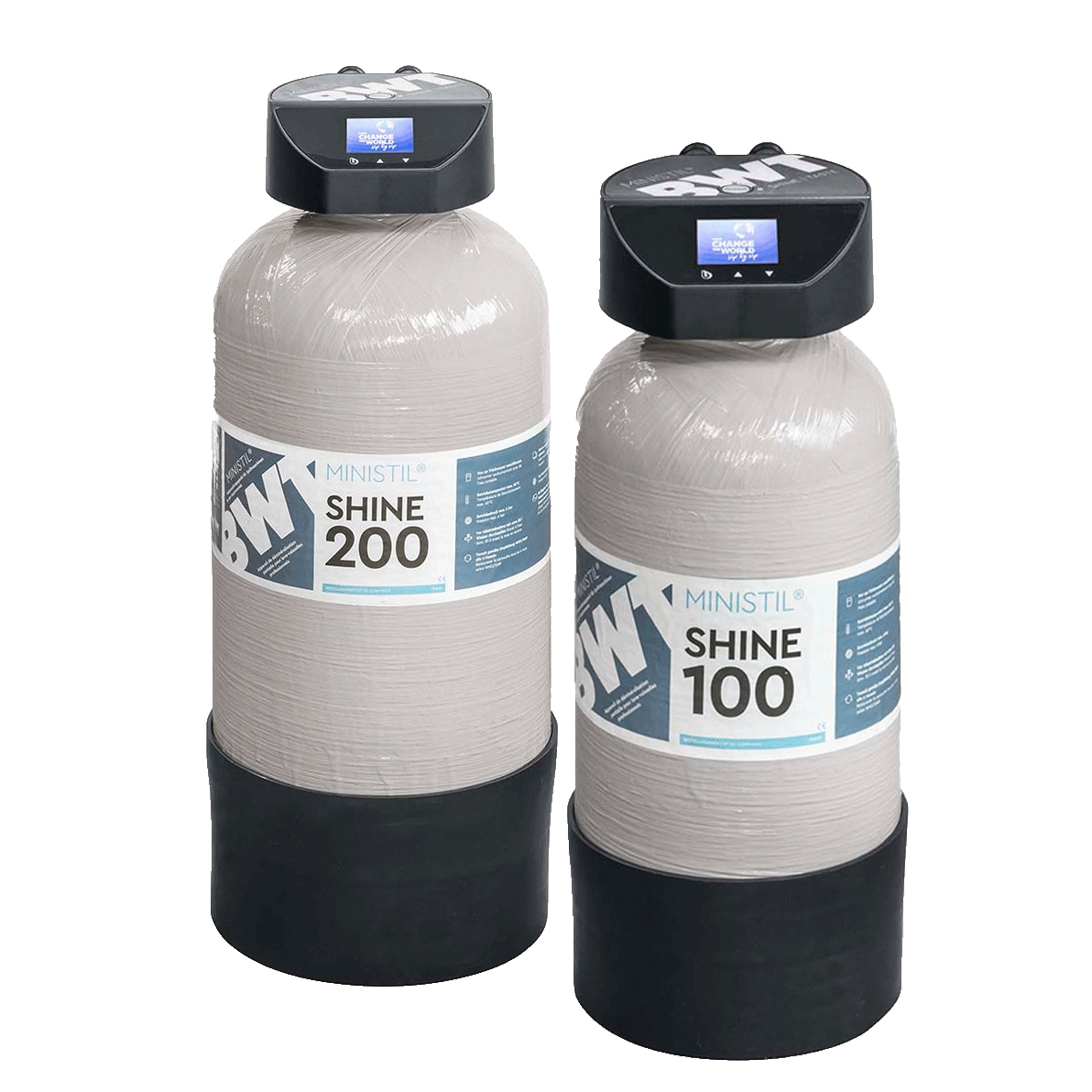 Deux cartouches grises avec une étiquette bleue et blanche.