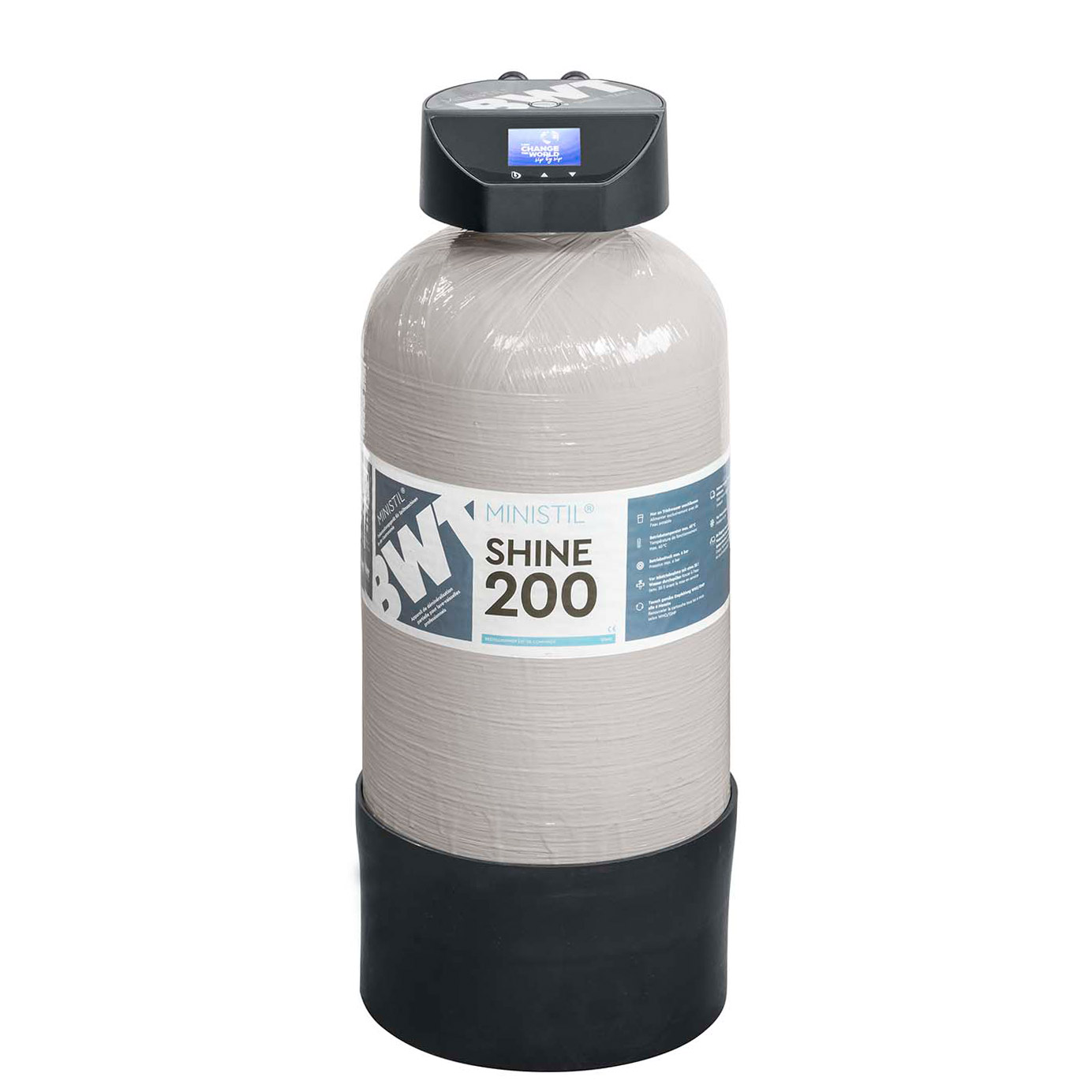 Cartouche grise avec étiquette bleue et blanche.