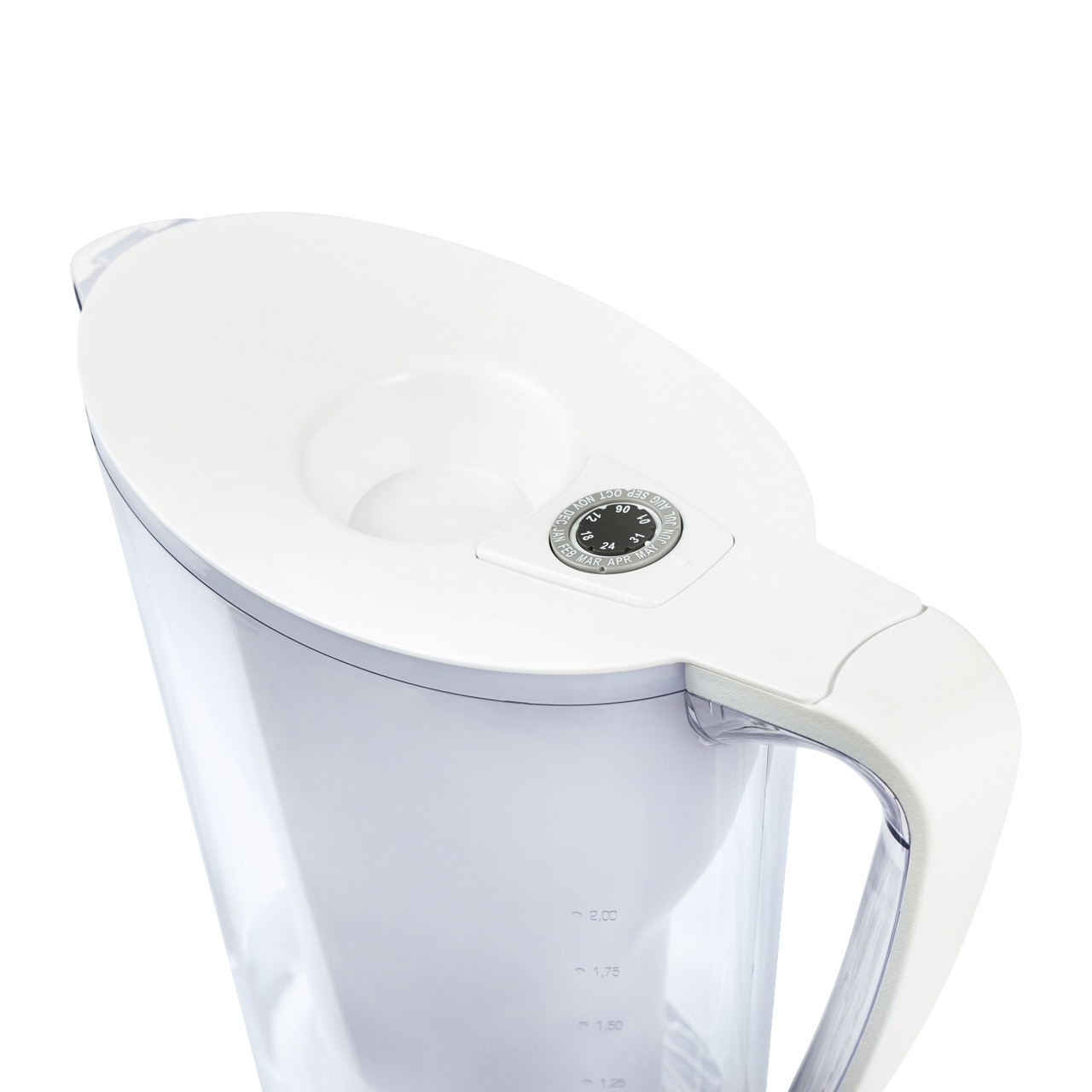 Vue sur le couvercle d'une carafe filtrante blanche.