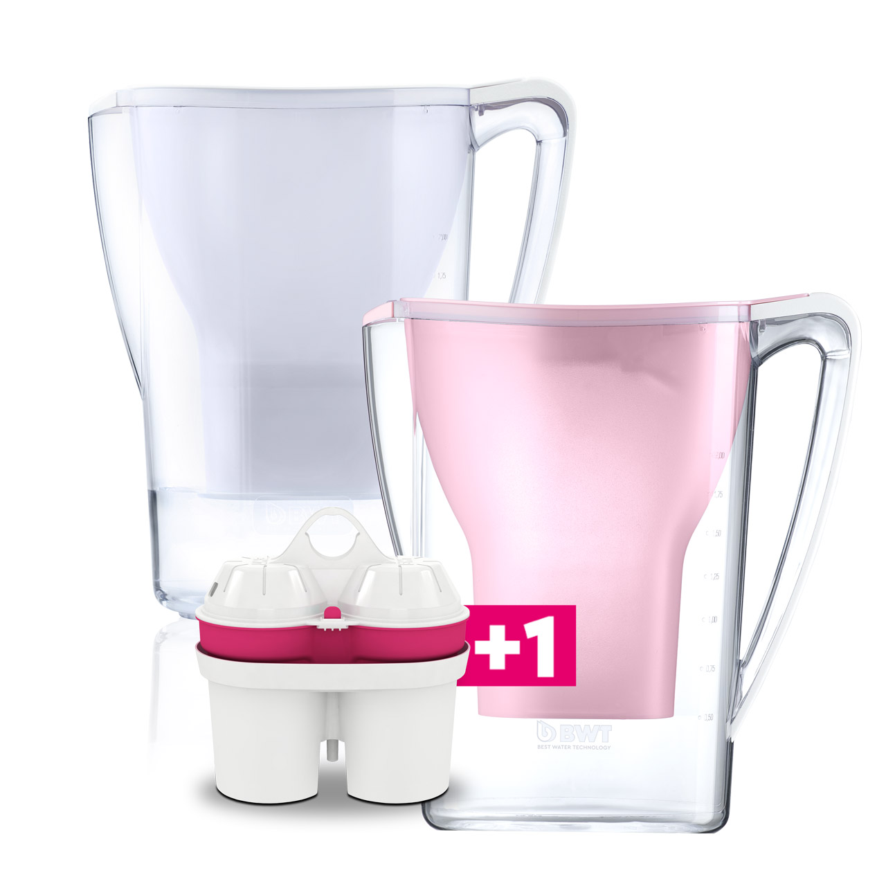 Filtre à eau de table blanc et rose et filtre assorti.