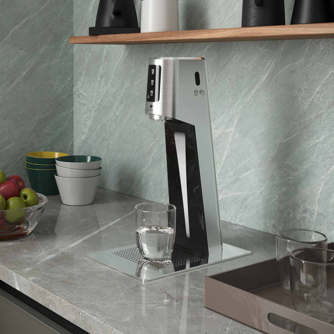 Le verre est placé sous une fontaine à eau dans un bureau.