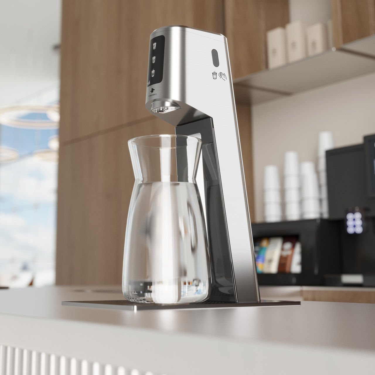 La carafe est placée sous une fontaine à eau dans un bureau.