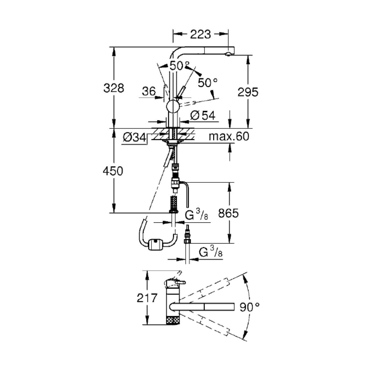 Technische Zeichnung Küchenarmatur mit Spülbrause BWT AQA drink Pure Loft