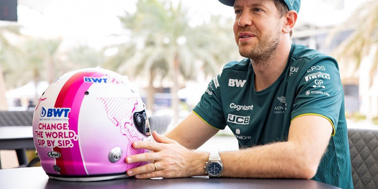 Sebastian Vettel, Ambassador BWT, Change the world, sip by sip, F1, Aston Martin, casco, rosa, sport
