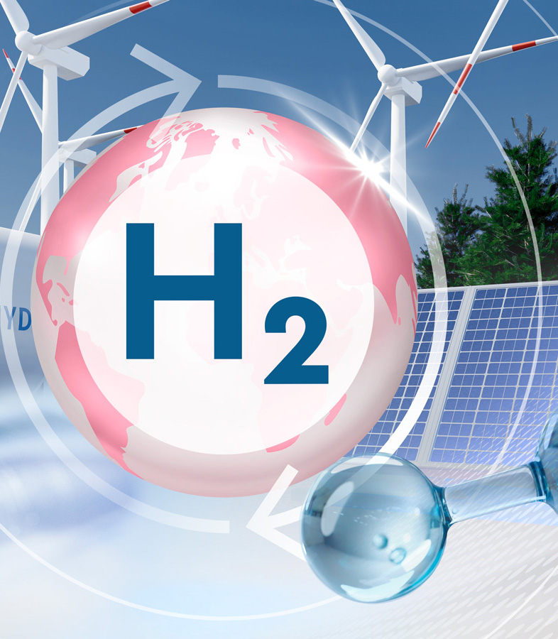 Signe H2 dans un globe rose avec des éoliennes et du solaire.