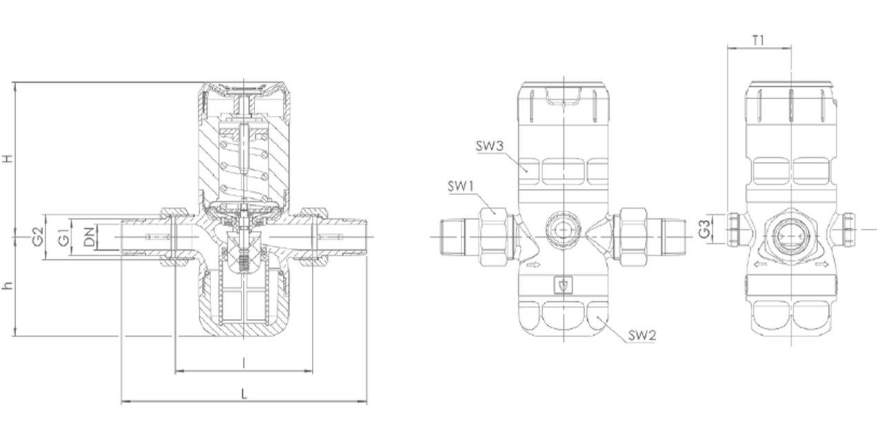 Teknisk tegning av BWT D1 trykkreduksjon